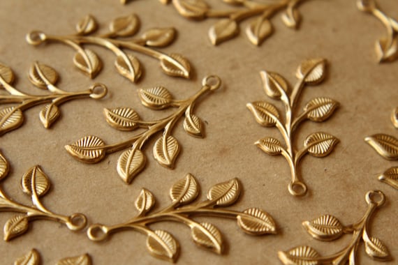 4 pc. Raw Brass Leafy Sprigs: 38mm by 19mm - made in USA | RB-538