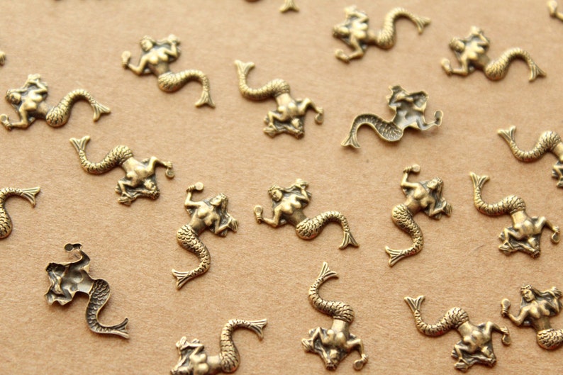 12 pc. Tiny Antique Brass Plated Mermaids: 13mm by 8mm made in USA AB-109 image 2