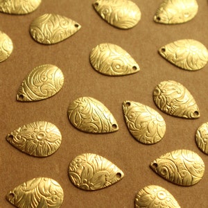 6 pc. Raw Brass Floral Etched Domed Teardrop Charms: 15mm by 10mm - made in USA | RB-1319