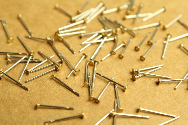 100 pc. Stainless steel earring posts with raw brass pads, 2mm pad FI-597 image 3