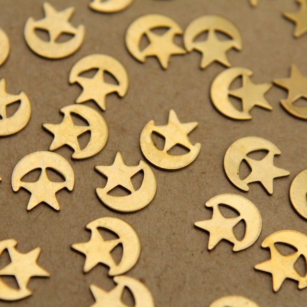 12 pc. Raw Brass Star and Crescent Moon Stampings: 8mm by 9mm - Made in USA | RB-340