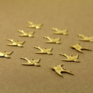 12 pc. Raw Brass 1 Loop Bird Charm Facing Right made in USA Sparrow Swallow Songbird Flying West Spring Summer Birds Flight RB-036-2 image 3