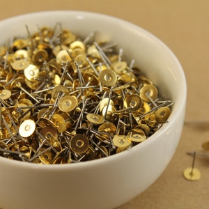 100 pc. Stainless steel earring posts with raw brass pads, 6mm pad Also available in 500 and 1000 piece FI-001 image 1