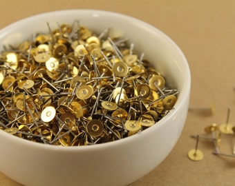 100 pc. Stainless steel earring posts with raw brass pads, 6mm pad * Also available in 500 and 1000 piece * | FI-001