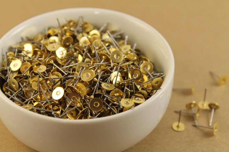 100 pc. Stainless steel earring posts with raw brass pads, 6mm pad Also available in 500 and 1000 piece FI-001 image 1