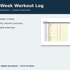 May include: A 12 Week Workout Log Excel workbook digital template featuring a 12-week, 4-day schedule, weekly volume summary, and editable exercises. The document includes a table with columns for week, day, exercise, target sets, target reps, weight, rest time, and notes.