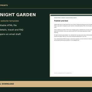 May include: A digital wedding website template titled Midnight Garden by NERDBOYPRINTS. The dark green graphic displays text features including one editable HTML file, event details, travel, FAQ, and an RSVP email draft function.