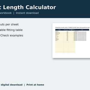 May include: A digital Cut Length Calculator Excel workbook featuring a fitting take-out table with columns for fitting, take-out, thread engagement, and notes. The layout includes bullet points for 50 cuts per sheet, an editable fitting table, and self-check examples.