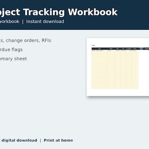 May include: A Project Tracking Workbook Excel file featuring a task list with columns for tasks, change orders, and RFIs. The digital document includes overdue flags and a summary sheet, presented on a light background with dark blue headers.