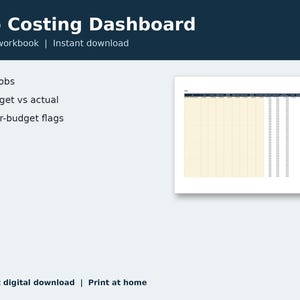 Può includere: Un modello di cartella di lavoro Excel Job Costing Dashboard che presenta un foglio di calcolo con colonne per 50 lavori, monitoraggio del budget rispetto a quello effettivo e indicatori di superamento del budget con righe giallo chiaro.