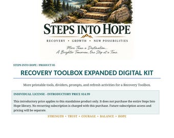Könnte beinhalten: Ein digitales Produktblatt mit dem Titel Steps Into Hope Recovery Toolbox Expanded Digital Kit. Die Grafik zeigt eine Steintreppe, die zu einem sonnigen Berggipfel führt, mit Text wie Recovery, Growth, New Possibilities und weiteren Angaben.