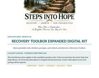 Könnte beinhalten: Ein digitales Produktblatt mit dem Titel Steps Into Hope Recovery Toolbox Expanded Digital Kit. Die Grafik zeigt eine Steintreppe, die einen Berg hinauf zu einem Sonnenaufgang führt, mit Text wie Recovery, Growth, New Possibilities.