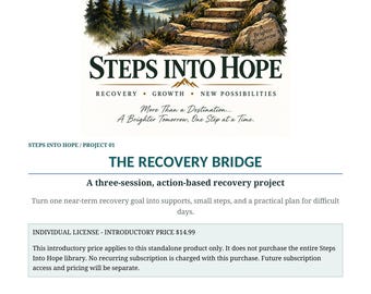 Könnte beinhalten: Ein digitales Dokument mit dem Titel Steps Into Hope, The Recovery Bridge, das eine Illustration von Steinstufen zeigt, die einen Berg hinauf zu einem Sonnenaufgang führen. Der Text enthält Recovery, Growth, New Possibilities und A Brighter Tomorrow.