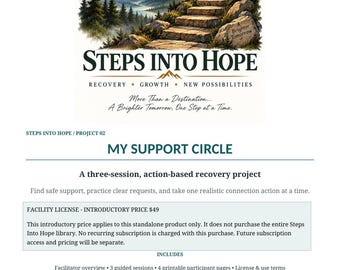 Könnte beinhalten: Ein Dokument mit dem Titel Steps Into Hope, My Support Circle, ein aktionsbasiertes Genesungsprojekt in drei Sitzungen. Es zeigt eine Grafik mit Steinstufen, die einen Berg hinauf zu einem Sonnenaufgang führen, mit dem Text A Brighter Tomorrow auf einem Felsen.
