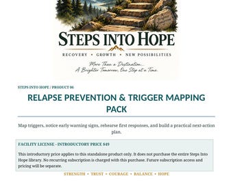 Könnte beinhalten: Ein digitales Dokument mit dem Titel Steps Into Hope Relapse Prevention & Trigger Mapping Pack. Es zeigt eine Illustration einer Steintreppe, die zu einem Sonnenaufgang über Bergen führt, mit dem Text A Brighter Tomorrow auf einem Felsen.