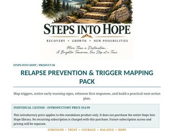 Könnte beinhalten: Ein Dokument mit dem Titel Steps Into Hope Relapse Prevention & Trigger Mapping Pack. Die Kopfzeile zeigt eine Berglandschaft mit einer Steintreppe, die zu einem Sonnenaufgang führt, sowie den Text A Brighter Tomorrow, One Step at a Time.