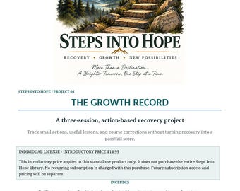Könnte beinhalten: Ein Dokument mit dem Titel Steps Into Hope Project 04 The Growth Record, ein dreiteiliges Genesungsprojekt. Es zeigt eine Steintreppe, die einen Berg hinauf zu einem Sonnenaufgang führt, mit dem Text A Brighter Tomorrow auf einem Felsen.