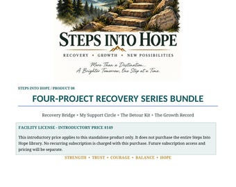 Könnte beinhalten: Ein digitales Dokument mit dem Titel Steps Into Hope Four-Project Recovery Series Bundle. Es zeigt eine Berglandschaft mit Steinstufen, die zu einem Sonnenaufgang führen, sowie Text mit Informationen zu den Ressourcen und Lizenzen.
