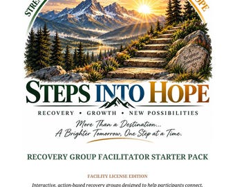 Könnte beinhalten: Ein Grafikdesign mit einer Berglandschaft und einer Steintreppe, die zu einem Sonnenaufgang führt. Der Text enthält "STEPS INTO HOPE", "RECOVERY GROUP FACILITATOR STARTER PACK", "FACILITY LICENSE EDITION" und "A Brighter Tomorrow".