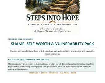 Könnte beinhalten: Ein Dokument mit dem Titel Steps Into Hope, das eine Grafik mit Steintreppen zeigt, die einen Berg hinauf zu einem Sonnenaufgang führen. Der Text enthält Shame, Self-Worth & Vulnerability Pack, Recovery, Growth, New Possibilities sowie Strength, Trust, Courage, Balance, Hope.