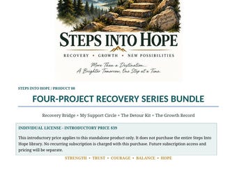 Könnte beinhalten: Ein digitales Dokument mit dem Titel Steps Into Hope Four-Project Recovery Series Bundle. Es zeigt eine Illustration von Steinstufen, die einen Berg hinauf zu einem Sonnenaufgang führen, mit Text wie Recovery, Growth, New Possibilities und Strength.