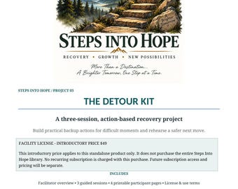 Könnte beinhalten: Ein Dokument mit dem Titel Steps Into Hope Project 03 The Detour Kit, ein aktionsbasiertes Genesungsprojekt in drei Sitzungen. Der Kopfbereich zeigt eine Berglandschaft mit Steinstufen, die zu einem Sonnenaufgang führen.