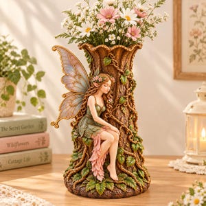 May include: A decorative vase shaped like a textured tree trunk featuring a sculpted fairy with iridescent wings, long brown hair, and a green and pink dress. The fairy sits among sculpted vines and leaves, with a bouquet of white and pink flowers.