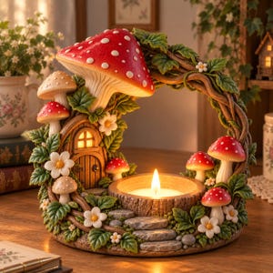 May include: A decorative candle holder featuring a large red mushroom with white spots, a small arched door, green leaves, white flowers, and a circular base with stone steps. The structure is shaped like a wreath with a central candle cup.