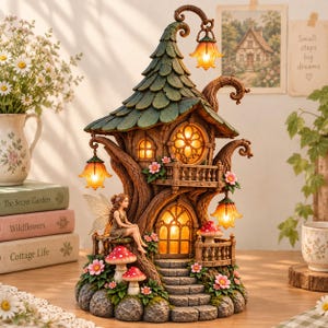 Può includere: Una lampada decorativa a forma di casa sull'albero con un tetto a forma di foglia verde, tre lanterne luminose a forma di fiore e una figura di fata seduta su un balcone. La struttura include gradini in pietra, funghi rossi e fiori rosa.