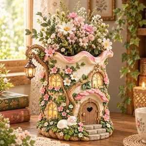 May include: A decorative planter shaped like a cottage with a white cat resting by the front door. The structure features illuminated windows, a hanging lantern, and a textured exterior adorned with sculpted pink and white flowers.