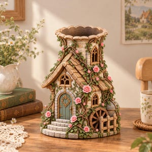 Maison de conte de fées (fichier STL), pot de fleurs en forme de tour fantastique, décoration de jardin champêtre, maison miniature fantaisiste, fichier d'impression 3D