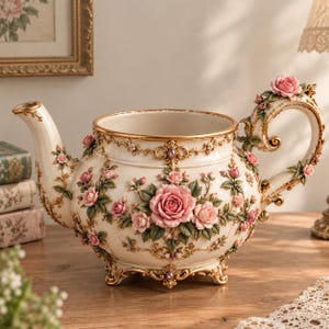 Vintage Rose Teapot Planter, Rococo Floral Design, Cottagecore Home Decor (Digital File)