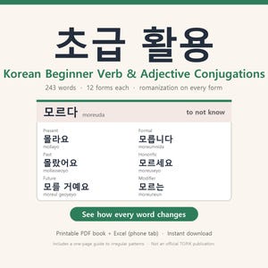 Koreanisches Konjugationsbuch für Anfänger: Verben & Adjektive | 243 Wörter, je 12 Formen, Romanisierung | Druckbares PDF + Excel
