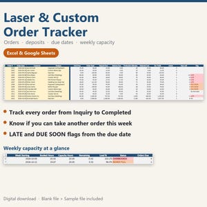 Laser Engraving Order Tracker Spreadsheet, Custom Order Management with Weekly Capacity Planner, Excel & Google Sheets Template