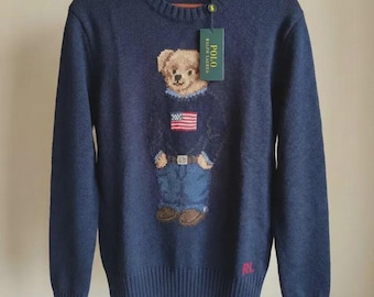 Authentic Polo Ralph Lauren Navy Blue Bear Sweater Classic Crewneck Knit