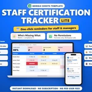 Employee Certification Tracker Lite Google Sheets, Missing Certificate Training Matrix, License Expiry Tracker, Audit Report, HR Compliance