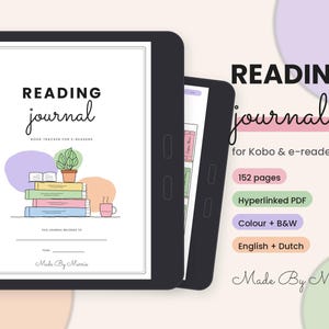 Op de afbeelding: Een digitaal leesdagboek voor e-readers weergegeven op een tabletscherm. De cover bevat de tekst READING journal, een stapel boeken, een plant in een pot en een mok. Aanvullende tekst omvat 152 pages, Hyperlinked PDF, Colour + B&W en English + Dutch.