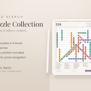 May include: A digital word search puzzle collection for e-readers featuring the text Word Search Puzzle Collection for Kobo & other e-readers, 300 puzzles in 4 levels, 75 themes, every solution included, tap-to-jump navigation, and Made By Marrie.