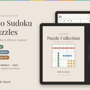 May include: A digital collection of 300 Sudoku puzzles for e-readers, displayed on two black tablets. The text reads 300 Sudoku Puzzles for Kobo & other e-readers, 3 levels, 300 solutions, Clickable PDF, Easy, Medium, Hard, and Made By Marrie.