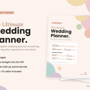 Op de afbeelding: Een digitale trouwplanner met de tekst The Ultimate Wedding Planner, inclusief secties voor namen, data en contactgegevens. Het ontwerp bevat pastelkleurige cirkels en vermeldt 37 pagina's, een invulbaar PDF-formaat en A4- plus US Letter-formaten.