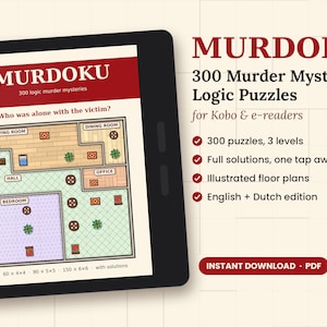 May include: A black e-reader displaying a digital book cover titled MURDOKU 300 logic murder mysteries. The screen shows a floor plan with rooms labeled living room, dining room, hall, office, and bedroom. Text lists 300 puzzles, 3 levels, full solutions, illustrated floor plans, and English plus Dutch edition.