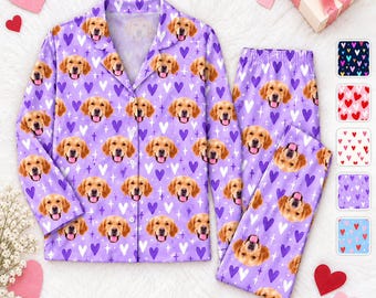 Custom Dog Photo Pajamas, Personalized Pajama Set or Pants, Heart Print Lounge Sleepwear, Valentine Gift for Dog Mom and Dad