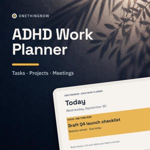 Peut inclure: Une interface de planificateur de travail ADHD avec un fond sombre, du texte blanc indiquant ADHD Work Planner, Tasks, Projects, Meetings, et une carte blanche affichant Today, Wednesday, September 30, avec un bloc jaune pour une liste de tâches.