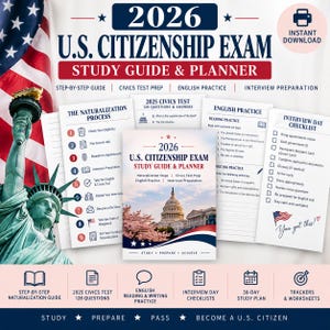 May include: A 2026 U.S. Citizenship Exam study guide and planner featuring the Statue of Liberty, the U.S. Capitol building, and cherry blossoms. Includes sections for the naturalization process, civics test prep, English practice, and an interview day checklist.