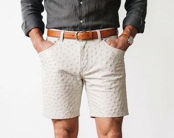 Men's Ostrich Embossed Leather Shorts | Custom Real Leather Half Pants | Handmade Textured Bottoms