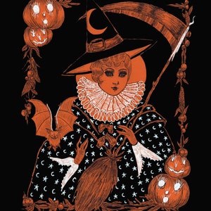 Puede incluir: Una bruja con un sombrero de luna creciente, un cuello blanco y una escoba, rodeada de calabazas y murciélagos. La imagen está dibujada en naranja y blanco sobre un fondo negro.
