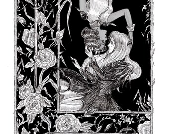 Utena and Anthy- fine art print, gothic art, revolutionary girl Utena, ink art, victorian style, anime