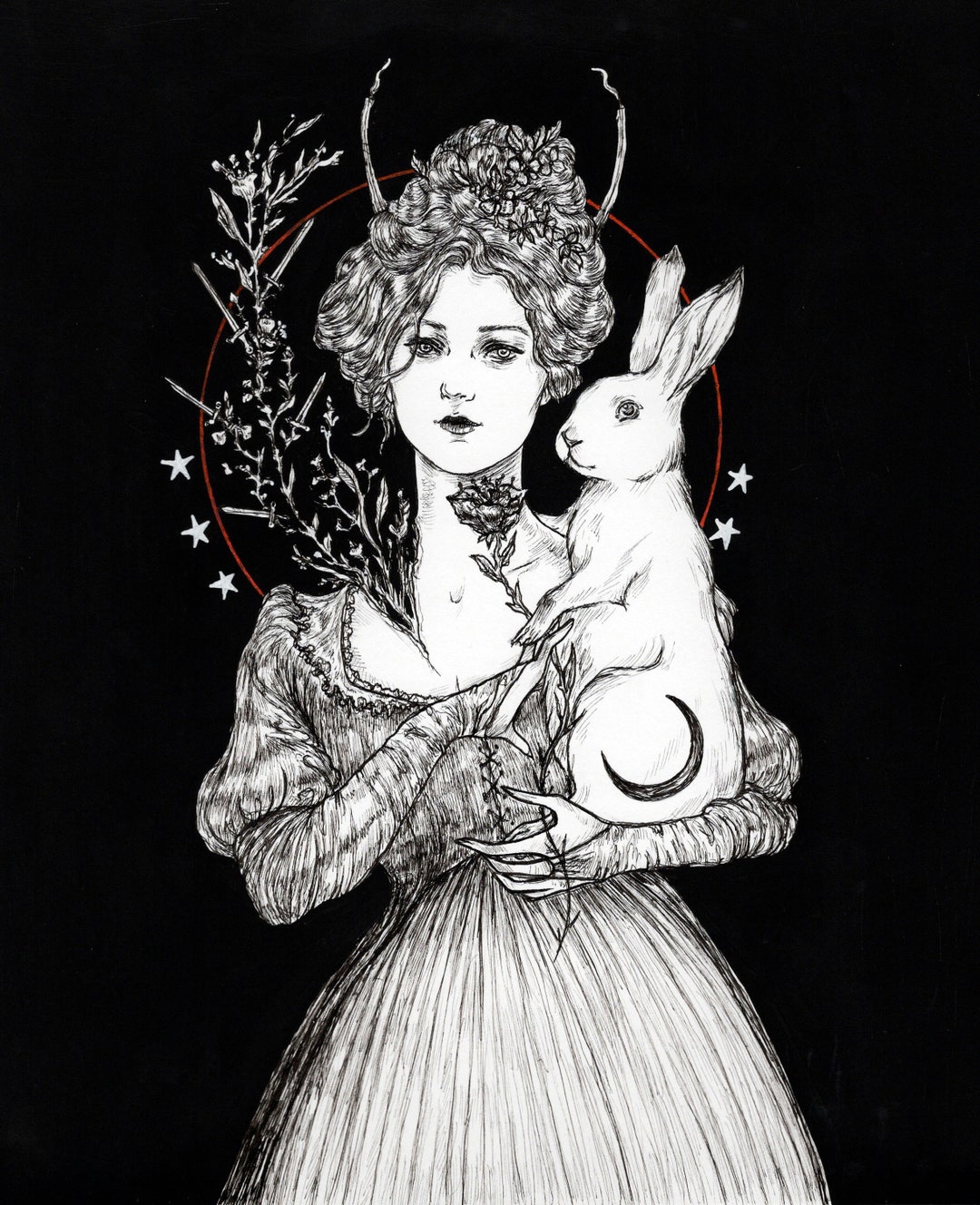 Companion- Fine Art Print- Rabbit, Bunny, Gothic Art , Dark Art, Ink ...