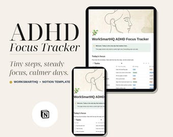 Plantilla de Notion para el seguimiento del enfoque en el TDAH / Rastreador de hábitos, lluvia de ideas, planificador diario (descarga digital)