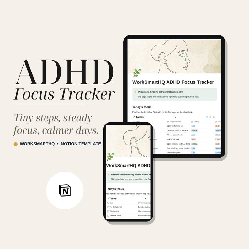 Gentle ADHD Focus Tracker Notion Template | Habit Tracker, Brain Dump, Daily Planner (Digital Download) image 1